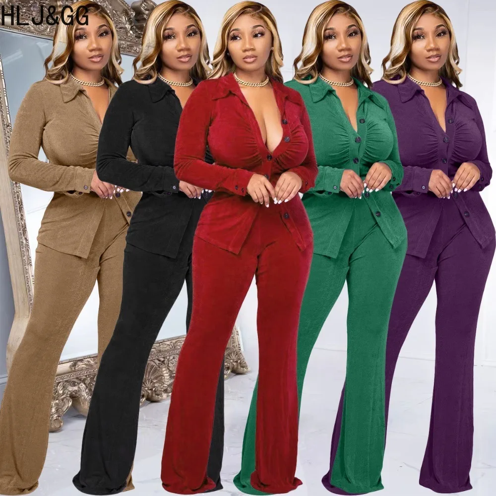 HLJ&GG Casual Velvet Ruched Sporty Two Piece Sets Women V Neck Button Long Sleeve Top And Wide Leg Pants Outfits Female Clothing korean luxury clothing set woman 2 pieces pants and top velvet two piece single breasted business casual elegant suit dress sets
