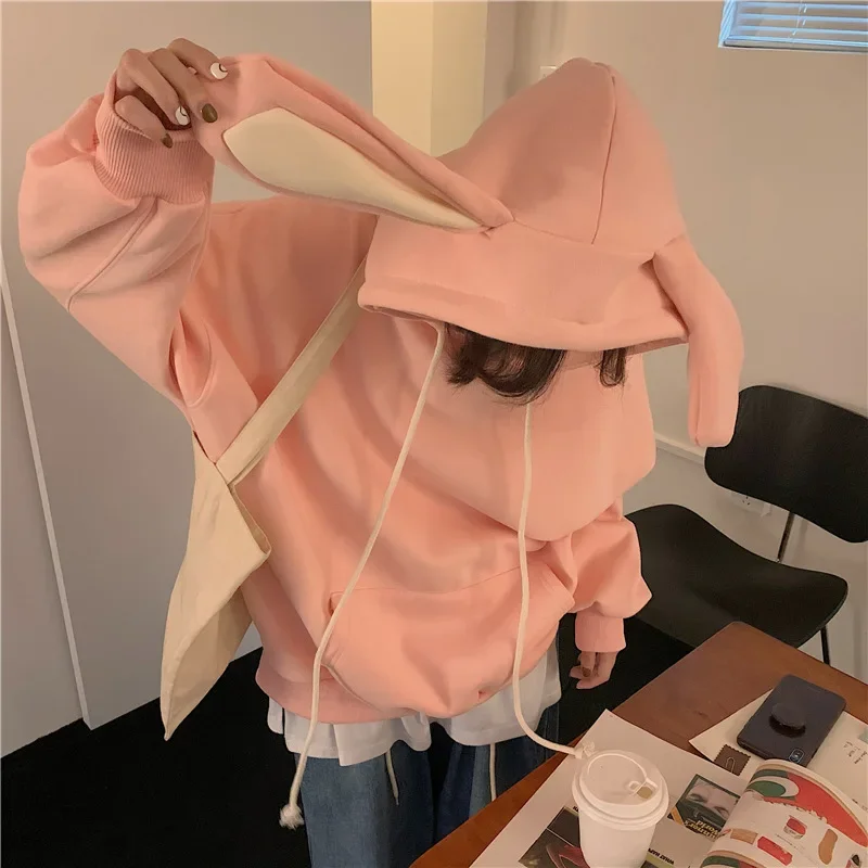 Fashion 2022 Korean Cute Kawaii Harajuku Loose Plus Fleece Sweater Rabbit Ears Hooded Long-sleeved Sweater Pullover Sweatshirt