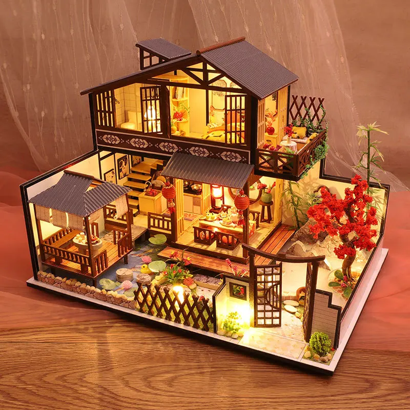 DIY 나무 미니어처 모델 키트 일본 카사 인형 집, 친구 생일 선물용 가구 조명 포함 3D 퍼즐 인형 집