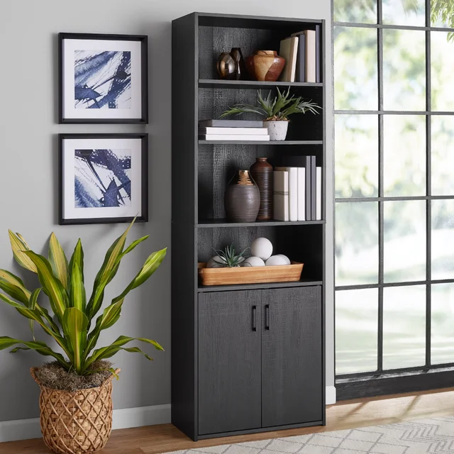 Traditional 5 Shelf Bookcase With Doors, Black book shelf furniture