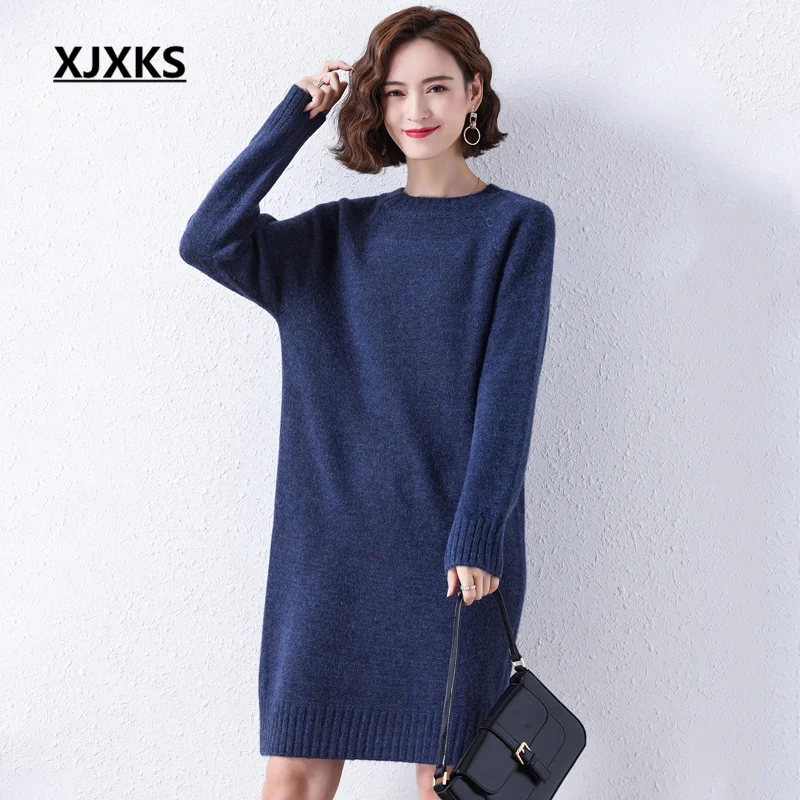 

XJXKS 2022 Autumn Winter Latest Solid Color All-match Round Neck Women's Long Sweater Large Size Wool Knitted Dress Pullover
