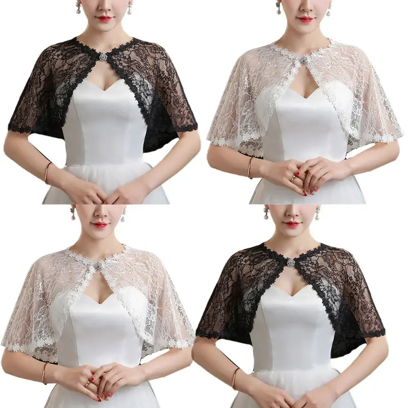 Womens Bridal Wedding Floral Lace Wrap Shawl Perspective Embroidery Prom Shrug for Rhinestone Buckle Open Front Stole Cape