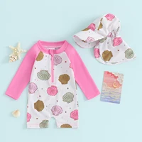 Toddler Girls Boys Beach Wear Kids Swimwear Summer Long Sleeve Floral/Tropical Print Zip Up Bathing Suits with Hat For Swimsuit 3