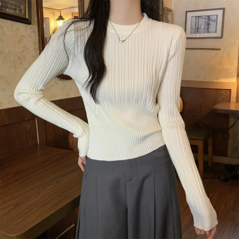 

Miiiix 2024 Spring New Slim Fit Knitwear Women's Solid Color Bottom Round Neck Long Sleeve Pullover Top Female Clothing