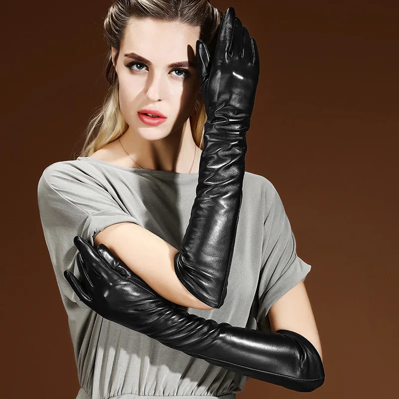 Sexy Black Punk Long PU Leather Gloves Woman\'s Winter Thin Full Finger Touch Screen Windproof Riding Driving Warm Mittens S33