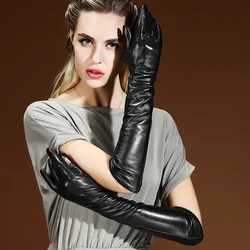 Sexy Black Punk Long PU Leather Gloves Woman's Winter Thin Full Finger Touch Screen Windproof Riding Driving Warm Mittens S33