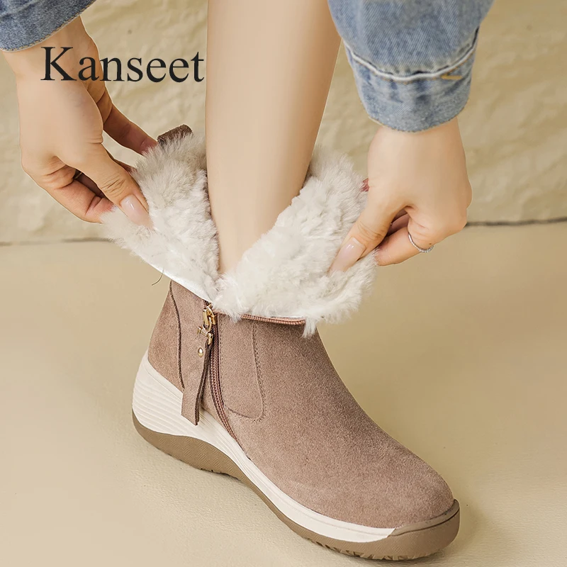 

Kanseet Short Boots For Women Winter Warm Fur Snow Boots Round Toe High Quality Cow Suede Shoes Lady Thick Heels Ankle Boot 2023
