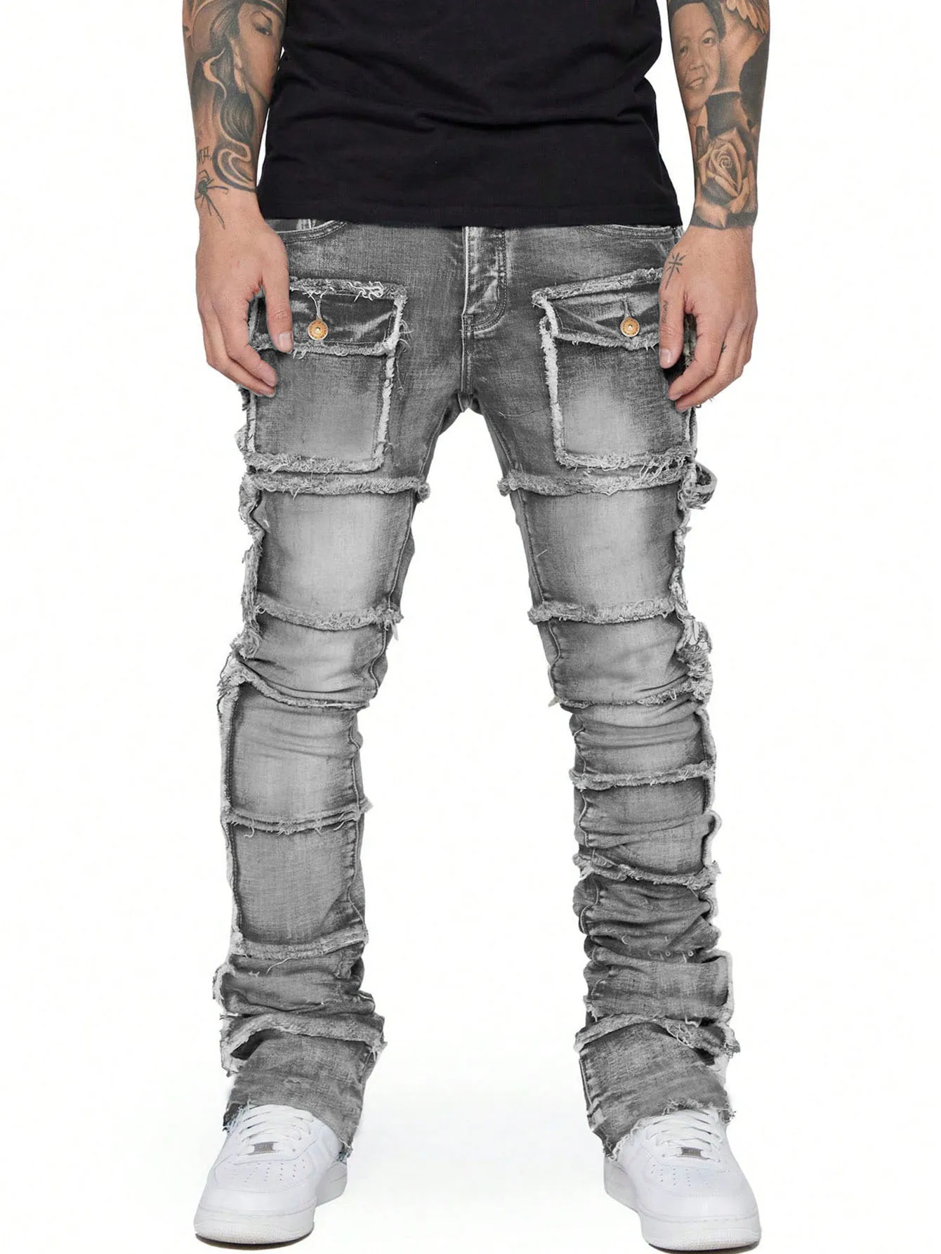 Retro Cargo Jeans Men Stretchy Ripped Washed Y2k Pants Straight Leg Male's Patched Denim Trousers men jeans,ripped jeans,ripped patchwork jeans