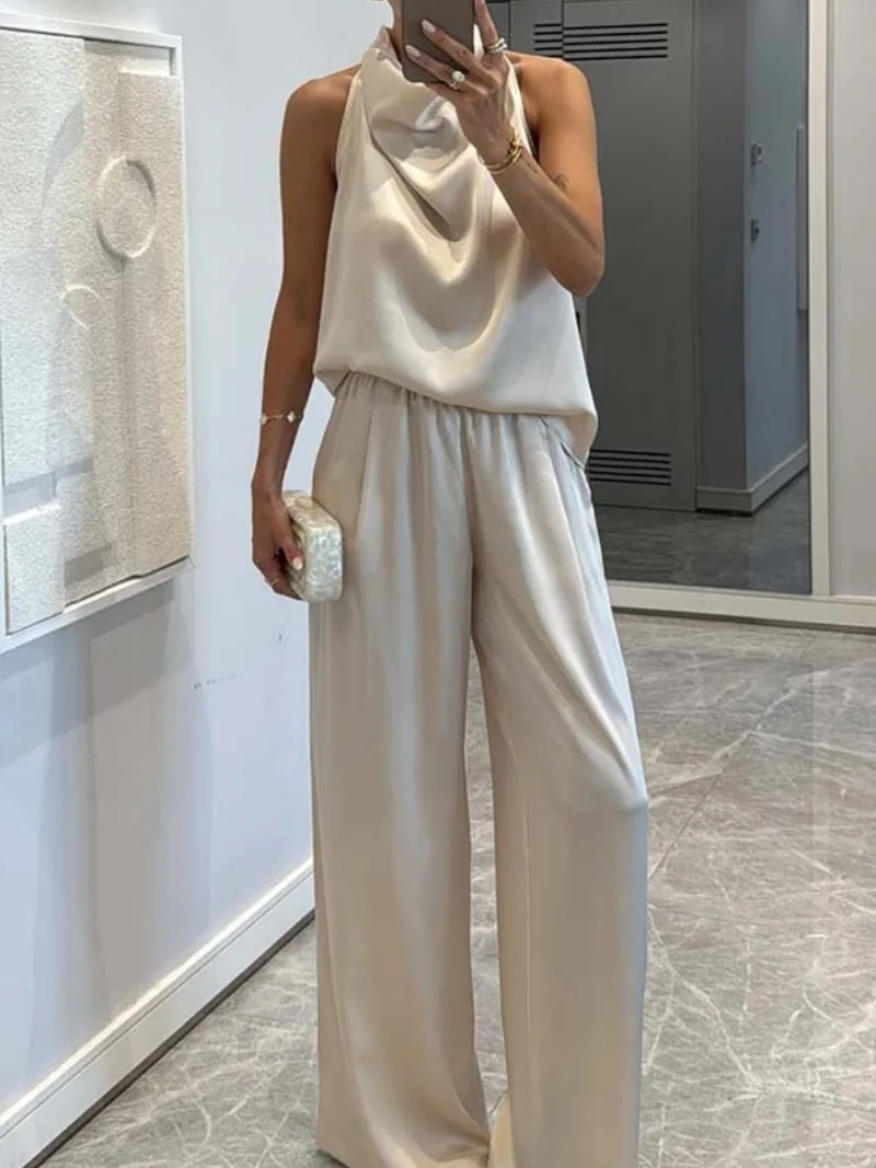 Streetwear Satin 2 Piece Sets Women Outfit Summer Clothes Women Sleeveless Halter Top Long Pant Sets Casual Tracksuits Woman Set