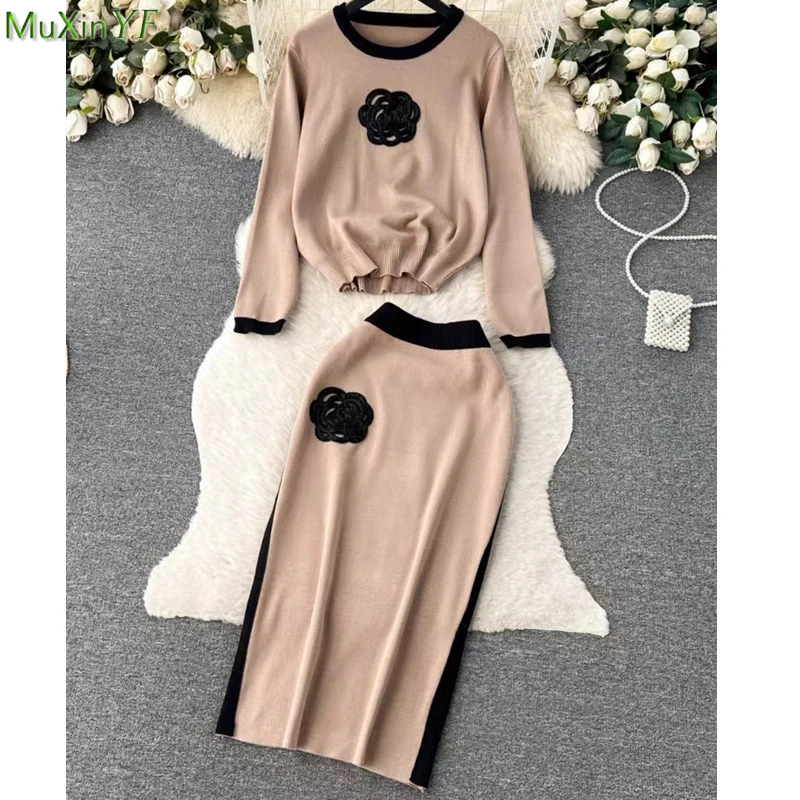 

2023 New Korean Women Graceful Floral Knitwear Two Piece Set Lady O-Neck Sweater Pullover Wrap Hip Skirts Outfits Knit Suits