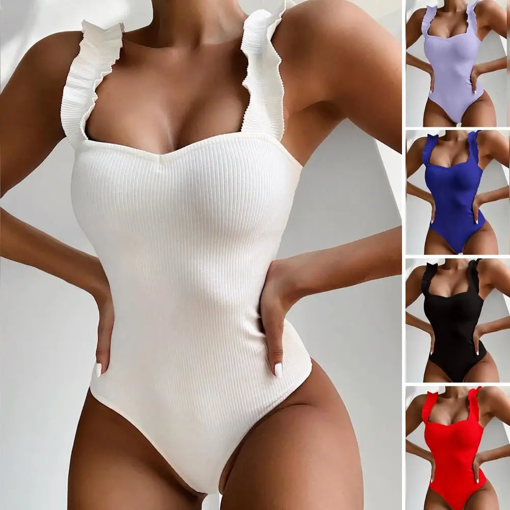 

Square Collar Backless Ribbed Women Monokini Ruffle Shoulder Straps Bodysuit Swimsuit Solid Color One-piece Bikini Beachwear