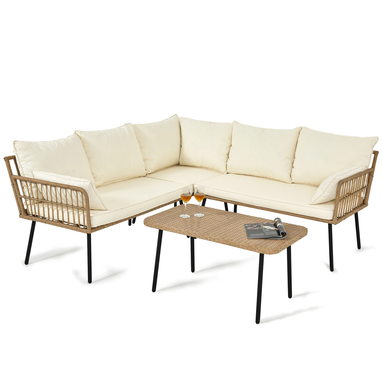 4 Pieces Patio L-Shaped Sofa Furniture Set Rattan Woven Patio Conversation Set