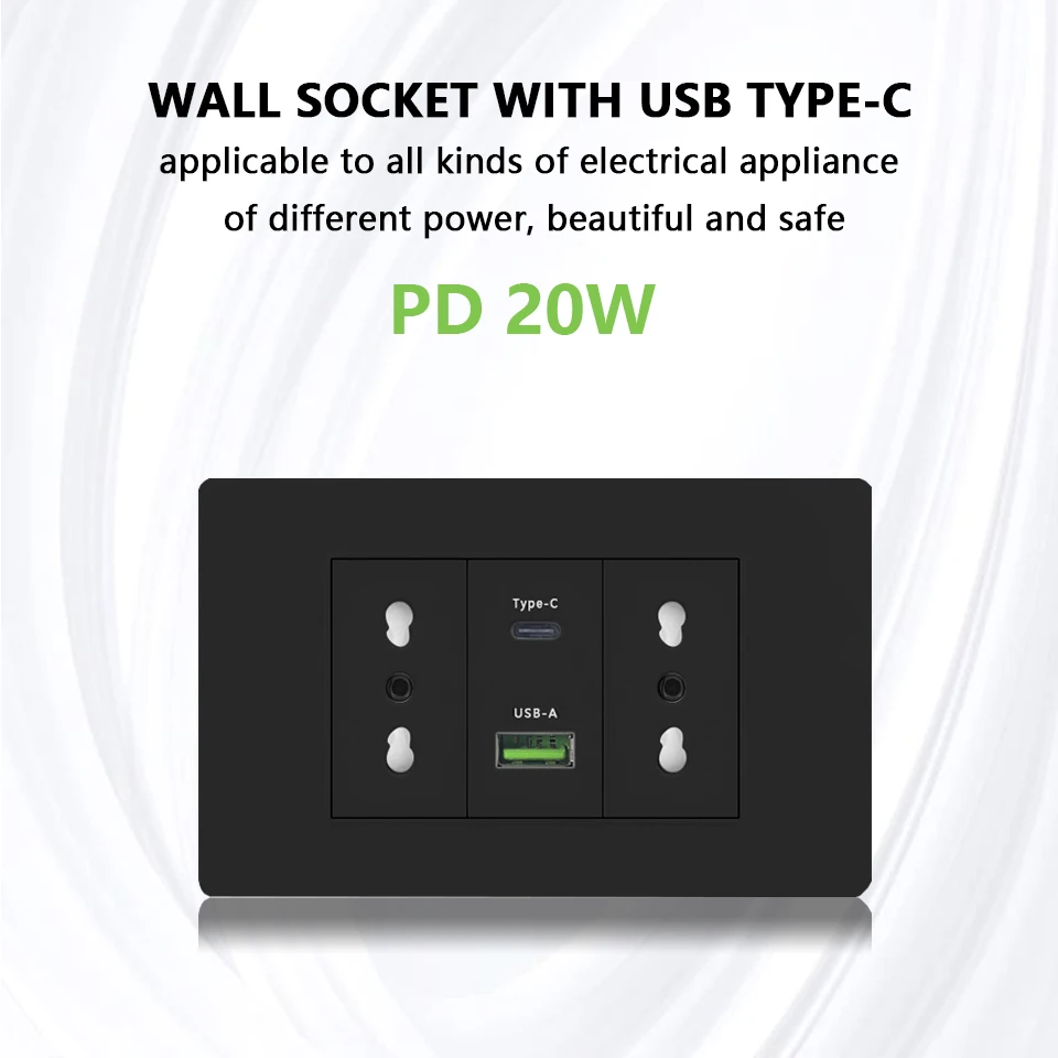 흰색/검정색 임베디드 이탈리아 칠레 플러그 usb C 벽면 소켓, 16A 전원 스트립, 스마트 Type-c 20W 고속 충전 소켓 어댑터