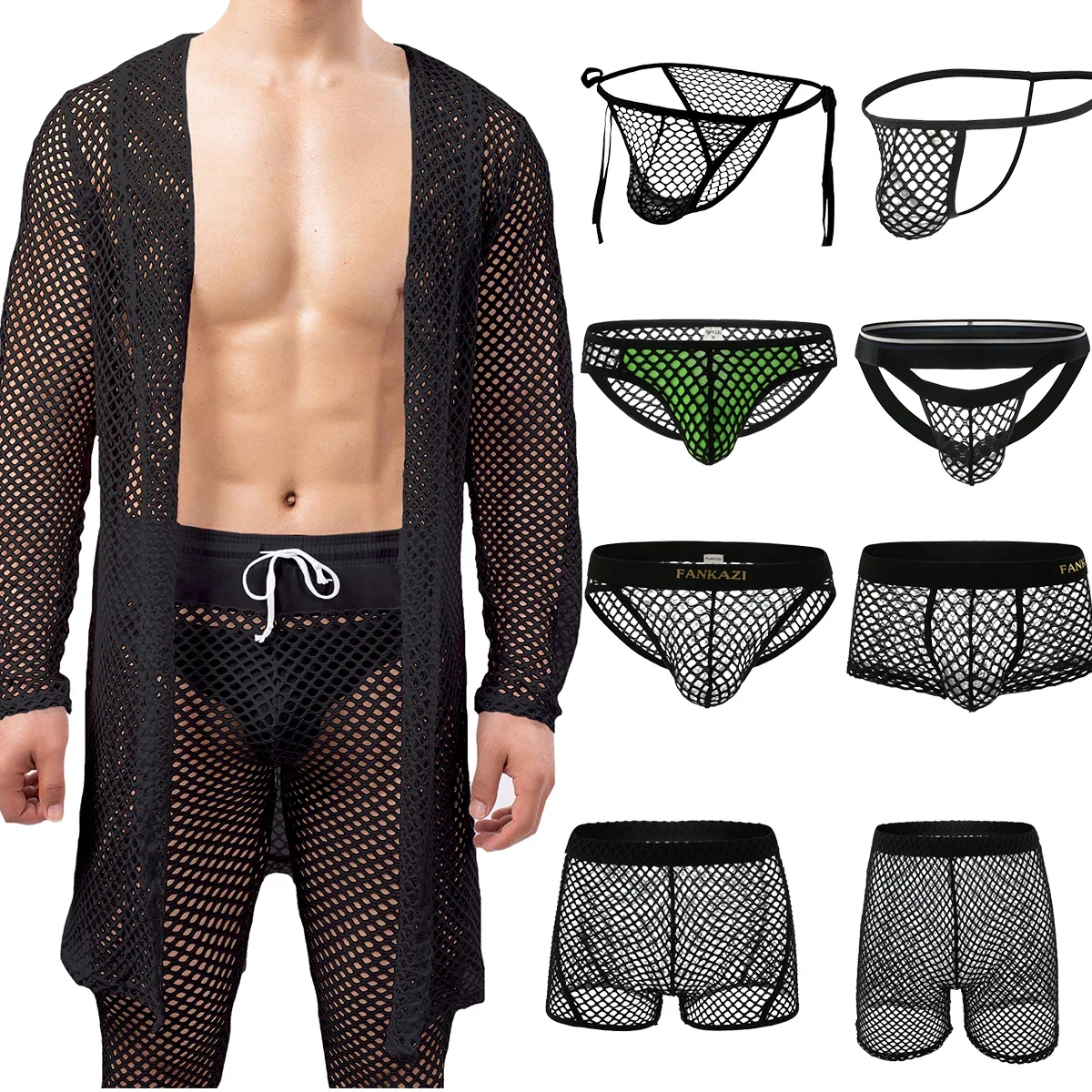 YUFEIDA Men's Sexy Hollow Out Bathrobes Fishnet Underwear Mens Kimono Robes Sleepwear Briefs Thongs Shorts Dressing Gown Pajamas