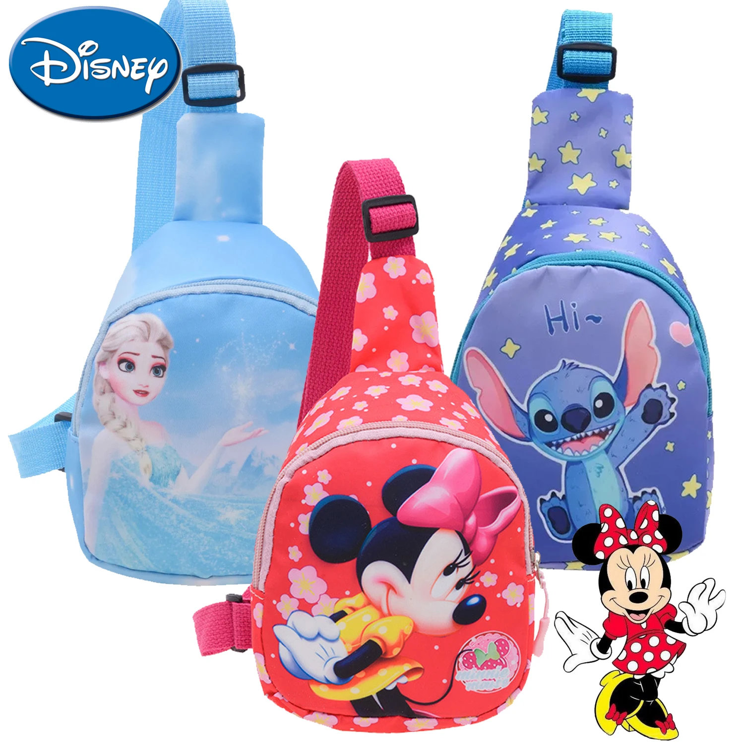 

Disney Minnie Mouse Stitch Girls Chest Bag for Children Cute Cartoon Princess Girl Kids Zipper Wasit Bag Outdoor Shoulder Bags