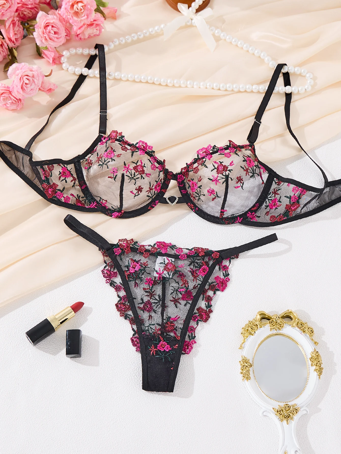 Sexy Sheer Lingerie Set Embroidery Transperant Pornostar Lenceria Sensual Mujer Seducive Conjunto Ropa Interior Set Intimo Lace