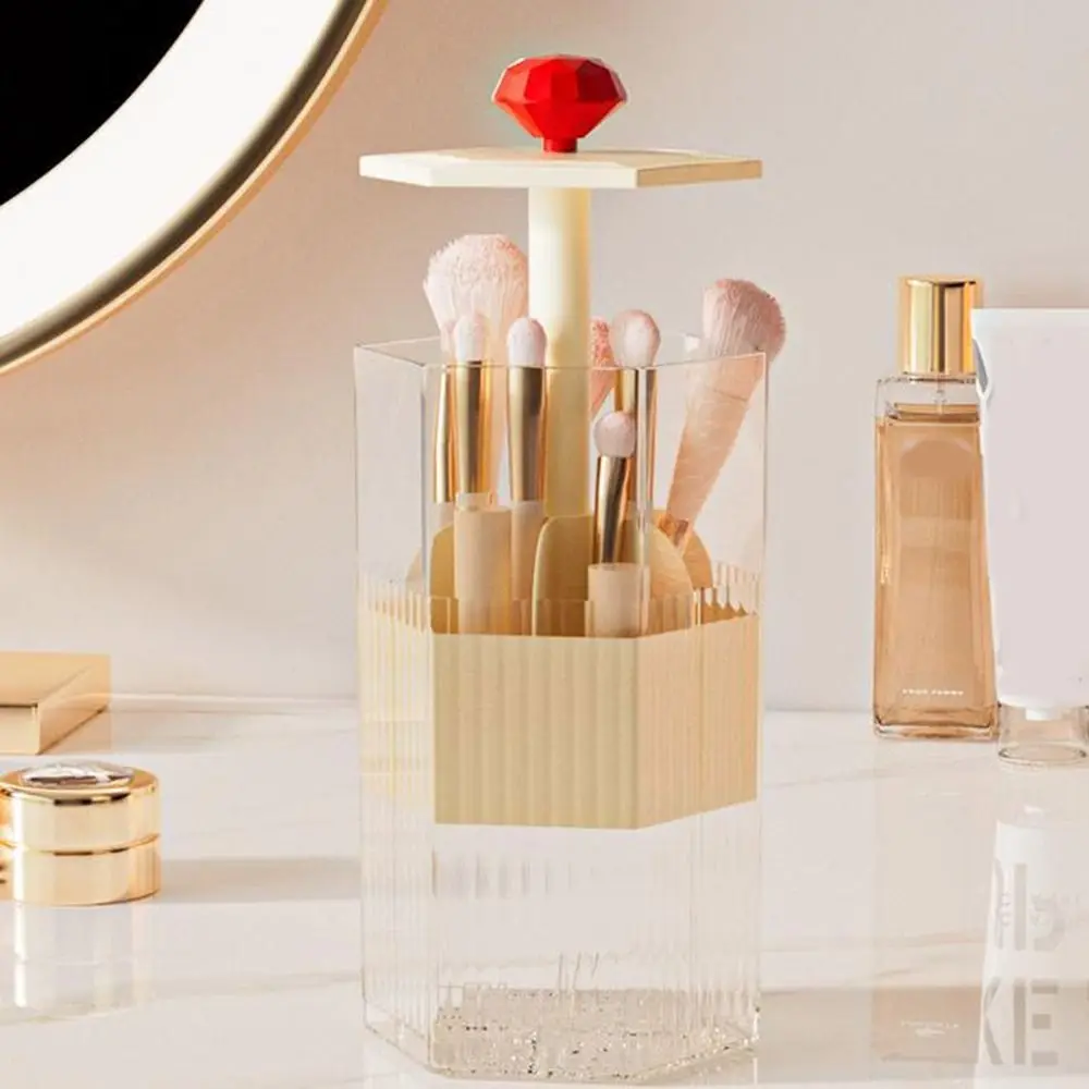 Plastic Automatic Lifting Makeup Brush Holder Dustproof Large Capacity Eyebrow Pencil Container Space Saving with Lid