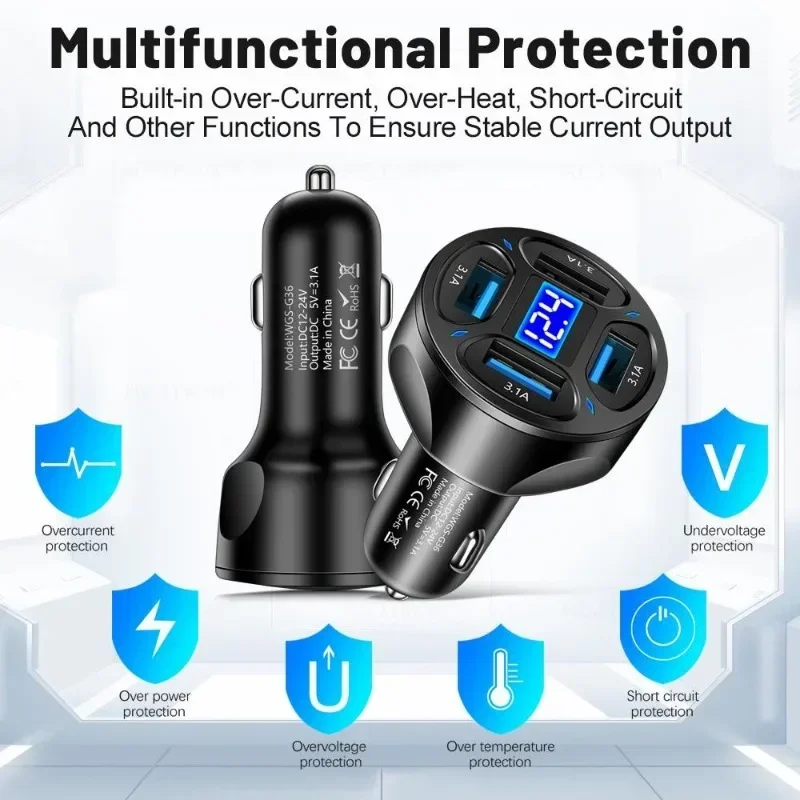 4 Ports USB Car Phone Charger Adapter