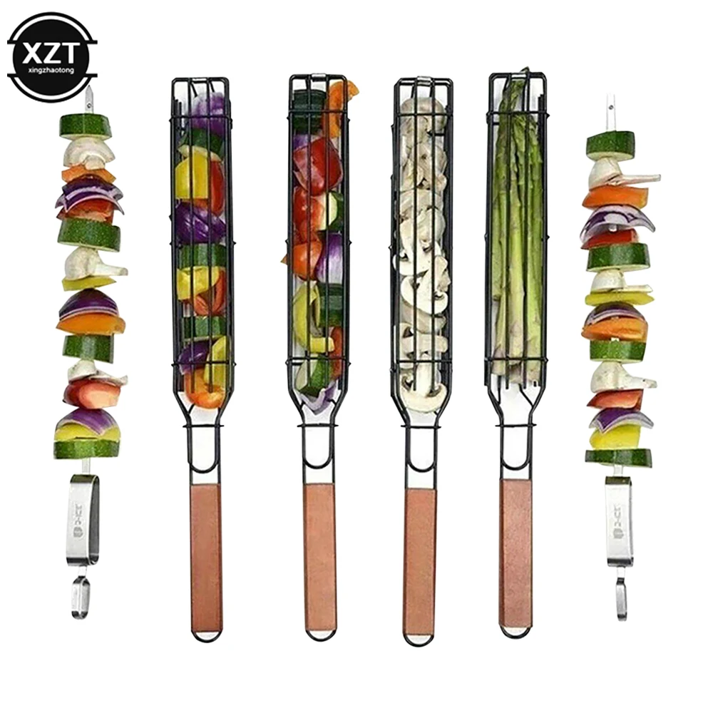 Camping Barbecue Grilling Basket Charcoal Grill Mesh Outdoors Picnic BBQ Tools Portable Stainless Steel Nonstick Roasting Meat
