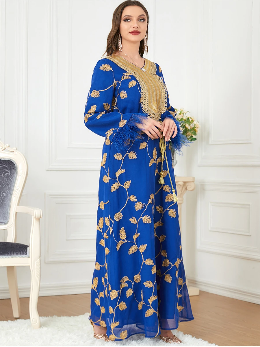 Fridayin Muslim Abaya All Seasons Elegant Long Dresses For Women Color Contrast Regular Sleeve Tassel Belt Loose Skirts Kaftan