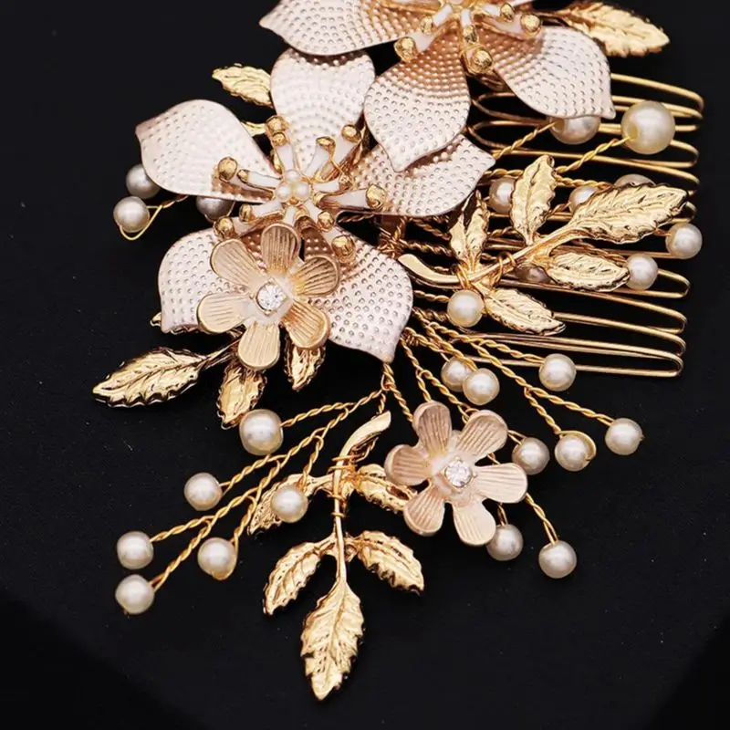 여성용 패션 꽃 헤어 빗 클립, 무도회 골드 컬러, 진주 신부 웨딩 헤어 쥬얼리 액세서리, 신부 헤드피스