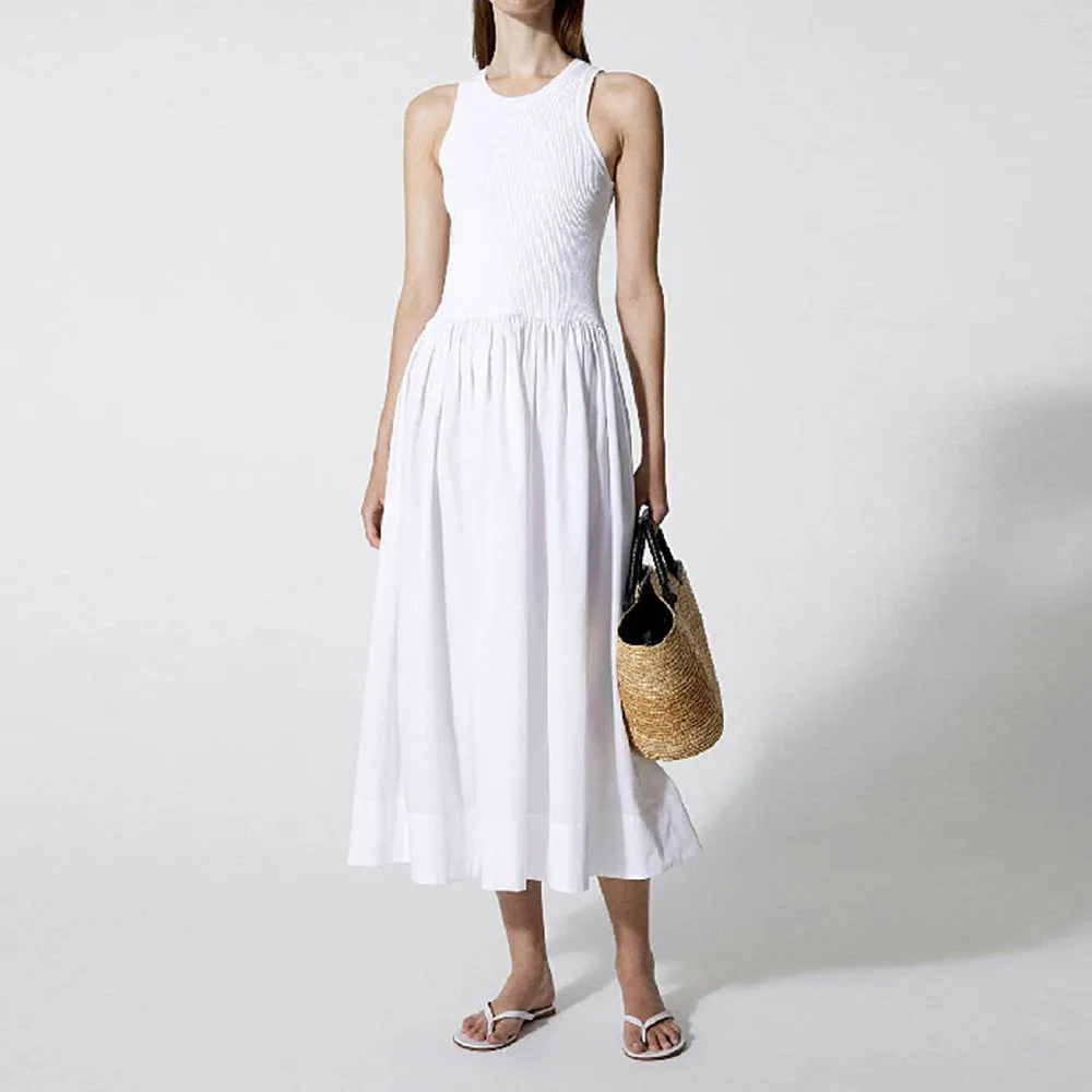 

Women'S Round Neck D@G* Solid Color High-Waisted Sleeveless Dress Summer Sports Style Thin Knee-Length A-Line Skirt