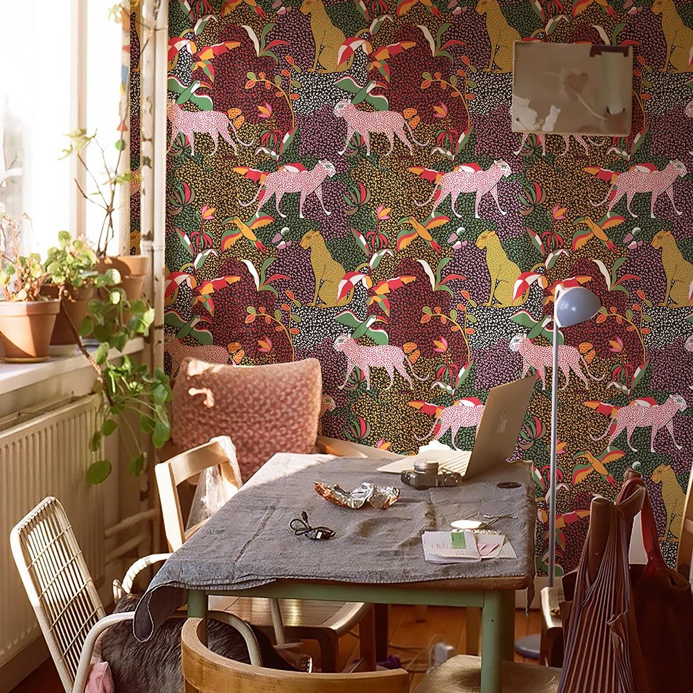 สีน้ําเสือดาวและเสือวอลล์เปเปอร์ Retro สีสัน Peel และ Stick PVC Home Decor Vintage เฟอร์นิเจอร์ไวนิลตู้สติกเกอร์ 1