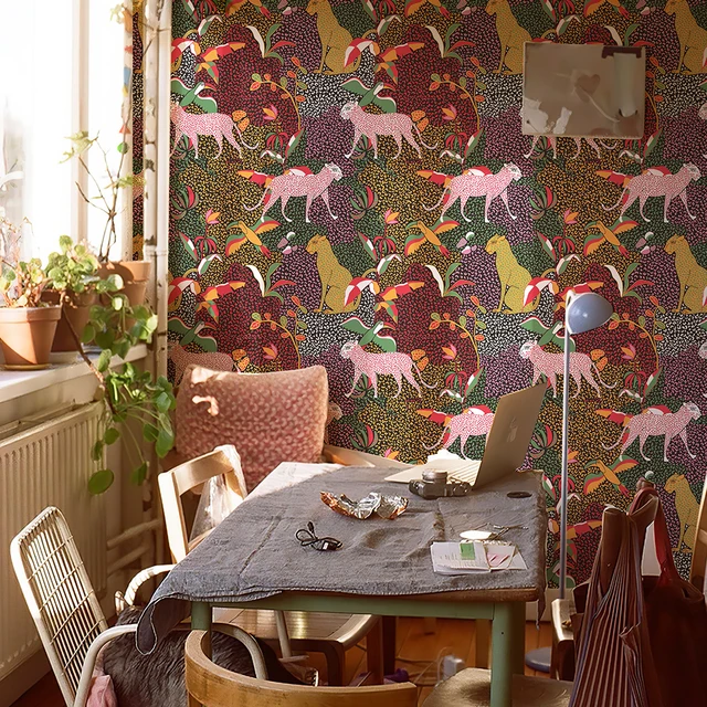 สีน้ําเสือดาวและเสือวอลล์เปเปอร์ Retro สีสัน Peel และ Stick PVC Home Decor Vintage เฟอร์นิเจอร์ไวนิลตู้สติกเกอร์ 1