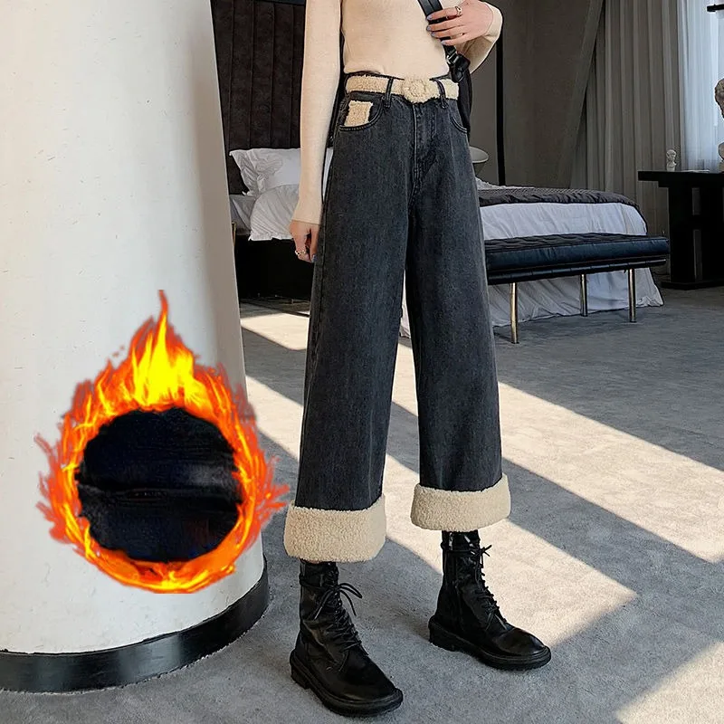 Lamb Wool Plush Wide Leg Jeans for Women's Clothing 2023 Autumn/winter New High Waisted Oversized Straight Leg Pants