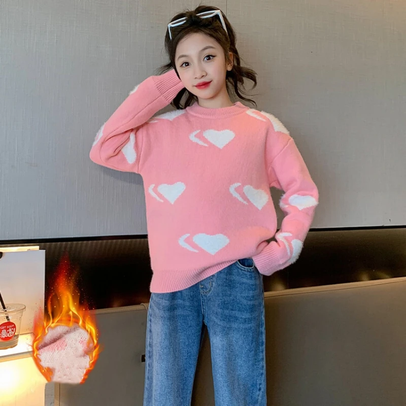 

Children Sweater New Korean Autumn Winter Girls Round Neck Pullover Sweater Thick Warm Baby Teenage Casual Knitted Tops Costume