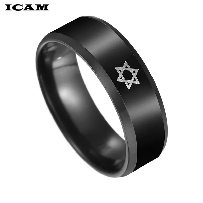 ICAM Black Star of David Ring Men Religious Judaism Israel Jewish Jewelry Men Ring Stainless Steel Obsidian David Star Rings 2