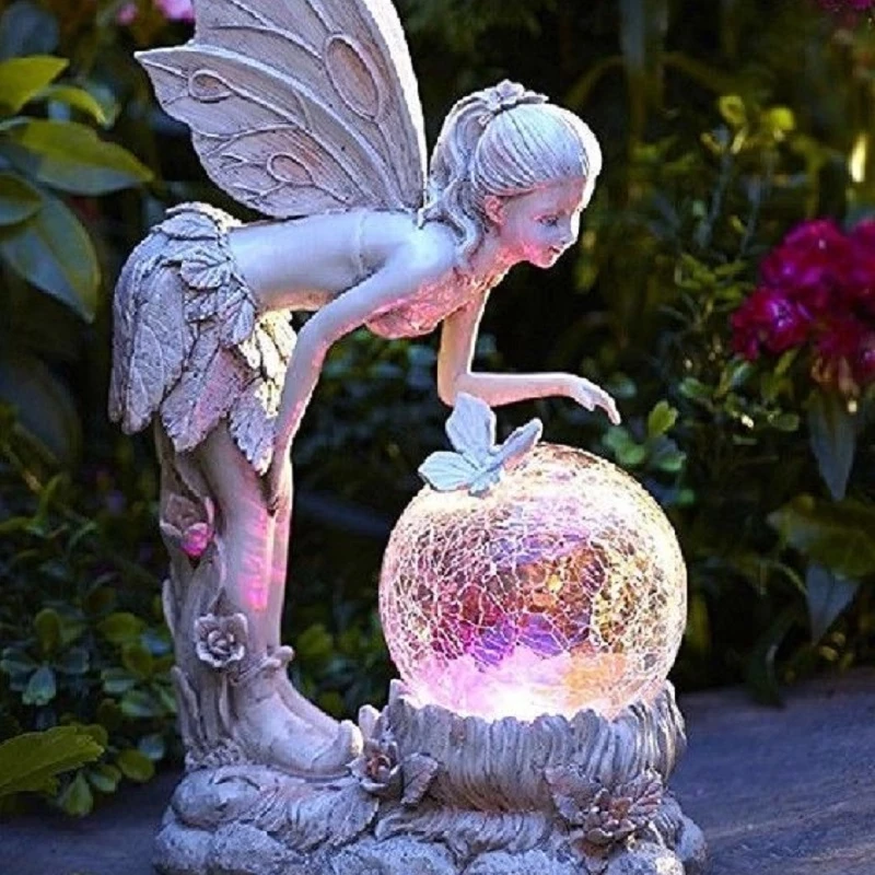 

Fairy Girl Luminous Resin Ornament Garden Decoration Carving Handicraft Angel Figure Ornament Solar LED Home Decor Art Ornament