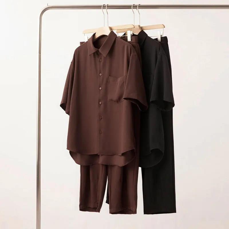 Elegant Fashion Harajuku Slim Fit Ropa Hombre Sets Loose Casual All Match Trousers Solid Button Short Sleeve Blusa Two Piece Set