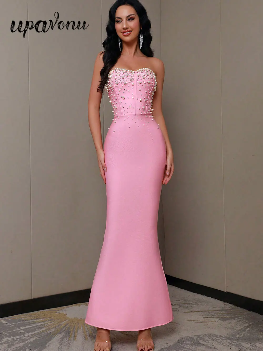 

2024 сексуальное женское розовое Бандажное платье с жемчужинами, без бретелек, без рукавов, облегающее длинное платье с открытой спиной, коктейльное платье