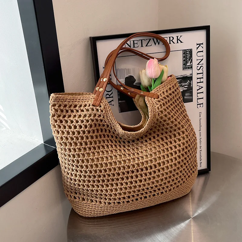 Woman Knitted Handbag Summer Hollow Beach Bag Large Capacity Fashion Knitted Bag Travel Holiday One-shoulder Hollow Shopping Bag 5