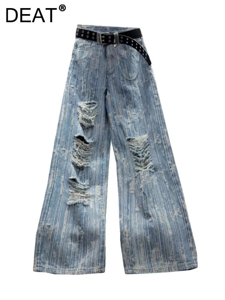 

DEAT Women's Jeans High Waist Broken Holes Loose Blue Stripes Straight Distressed Denim Pants 2024 Spring New Fashion 29L6560