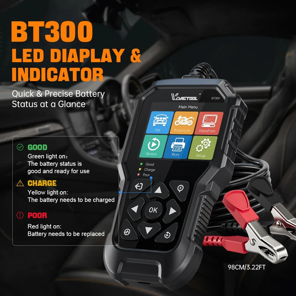 BT300 5-3000 CCA Car Battery Tester 6V 12V Automotive Charging Cranking Scanner Tools for Motorcycle Car Truck SUV