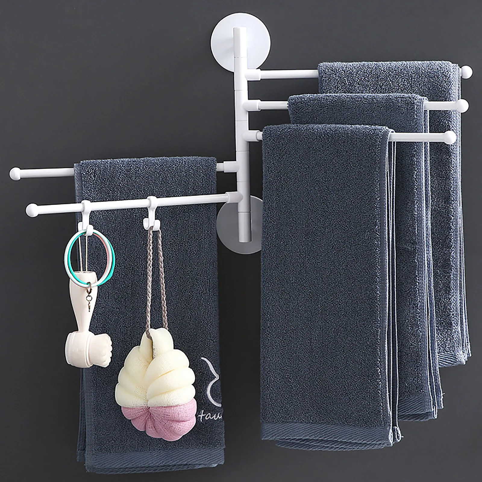

3/4/5 Layer Plastic Rack Perforated Free Towel Hanging Rack Bathroom Storage Folding Rotary Towel Bar Kitchen Shelf Waterproof