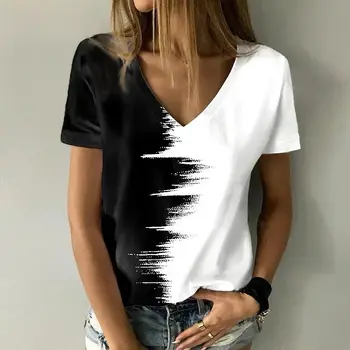 T-shirt stampata in 3D tinta unita con scollo a v sfumato top da donna estate moda casual maniche corte larghe e versatili 1