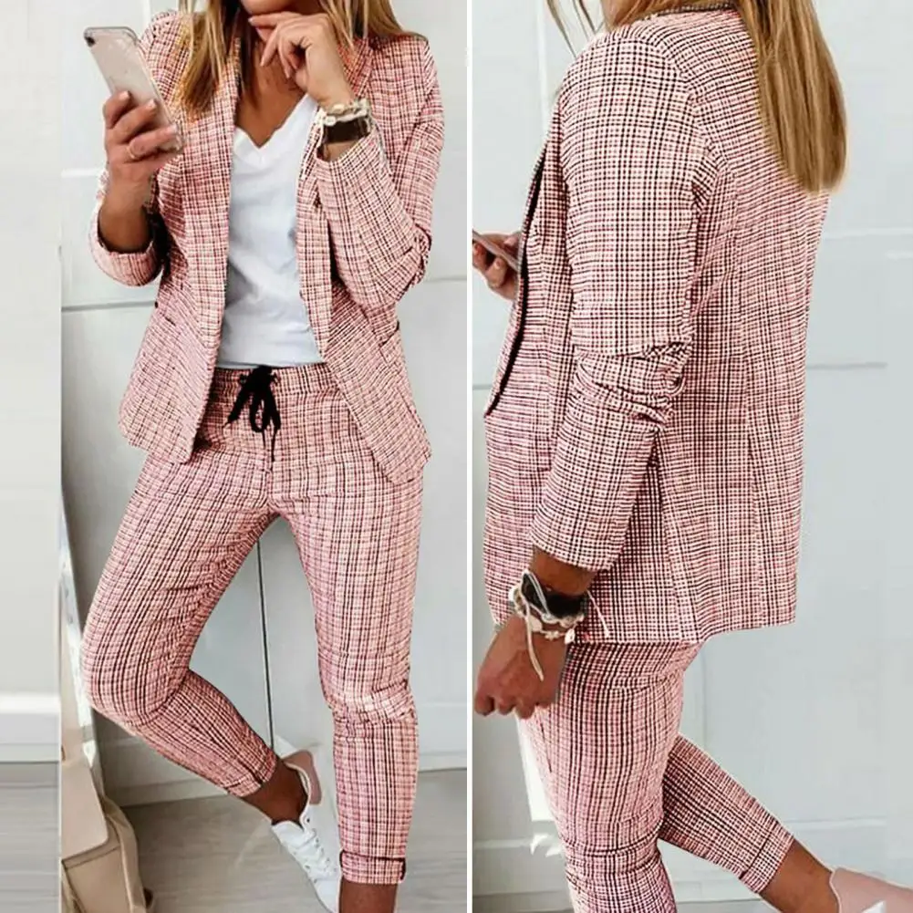 

2 Pcs/Set Women Blazer Pants Set Turn-down Collar Cardigan Elastic Waist Slim Fit Drawstring Formal Plaid Print Jacket Trousers