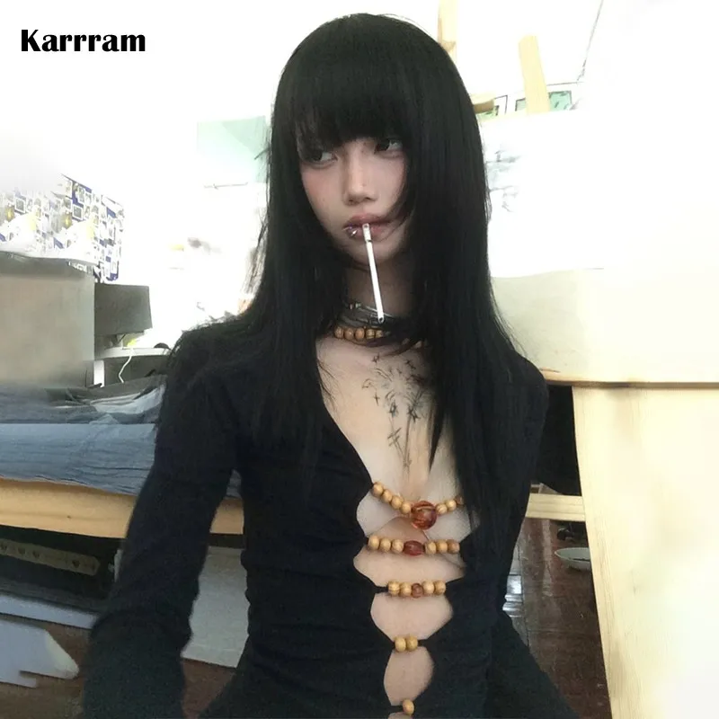 Karrram Japanische Y2k Hollow Out Tops Vintage Harajuku Perlen T-Shirt 2000er Jahre Ästhetik Langarm Slim T-Shirts American Retro