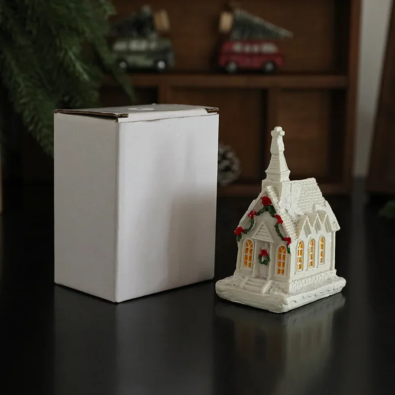 White Resin Snow House Christmas Ornaments with LED Lights for Family Holiday Decoration