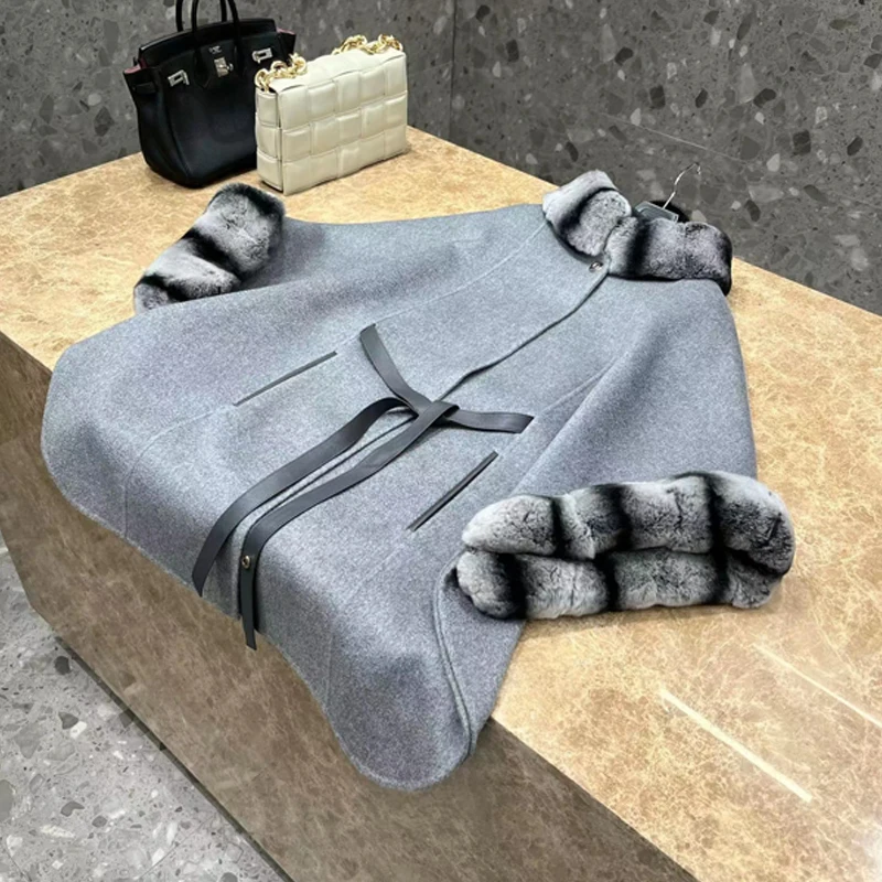 

Double Cashmere Cape Women's Coat Angora Rex Rabbit Fur Patchwork Medium Length Coat High Collar Plush Lace-Up LP Coat