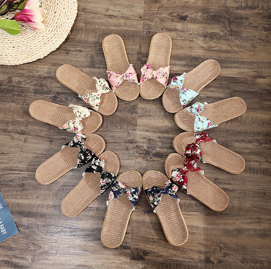 Ladies' Bohemian Style Bow Flower Linen Slippers Sandals Beach Shoes Home Shoes Beach Slippers Indoor Non Slip Shoes 2024