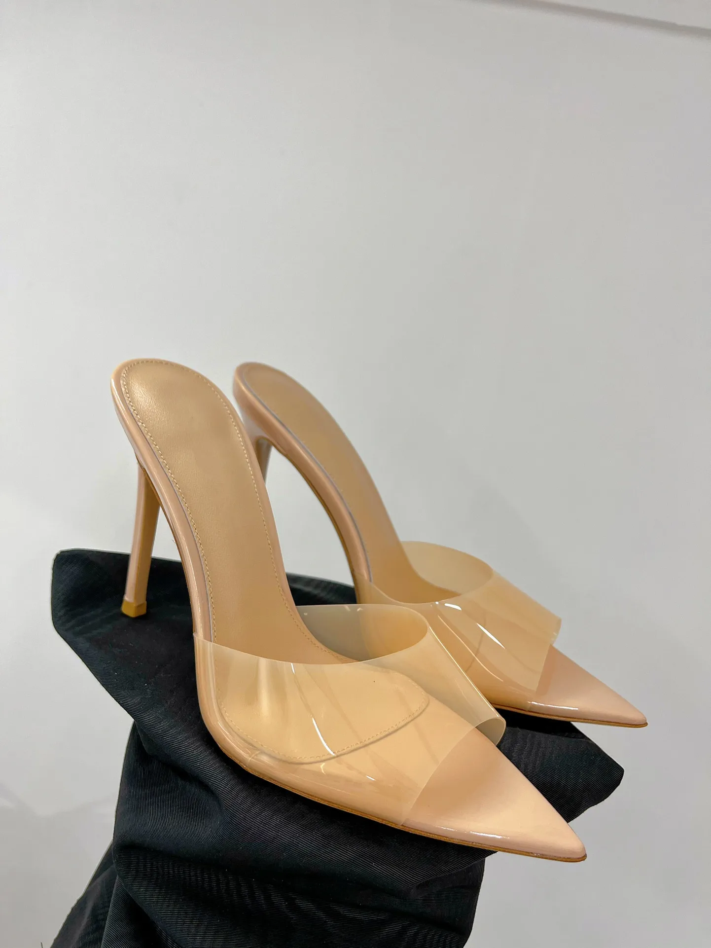 여성용 하이힐 샌들, 클리어 어퍼, 천연 가죽 슬라이드, 펌프 오픈 토 PVC 슬리퍼, 10cm, 신상