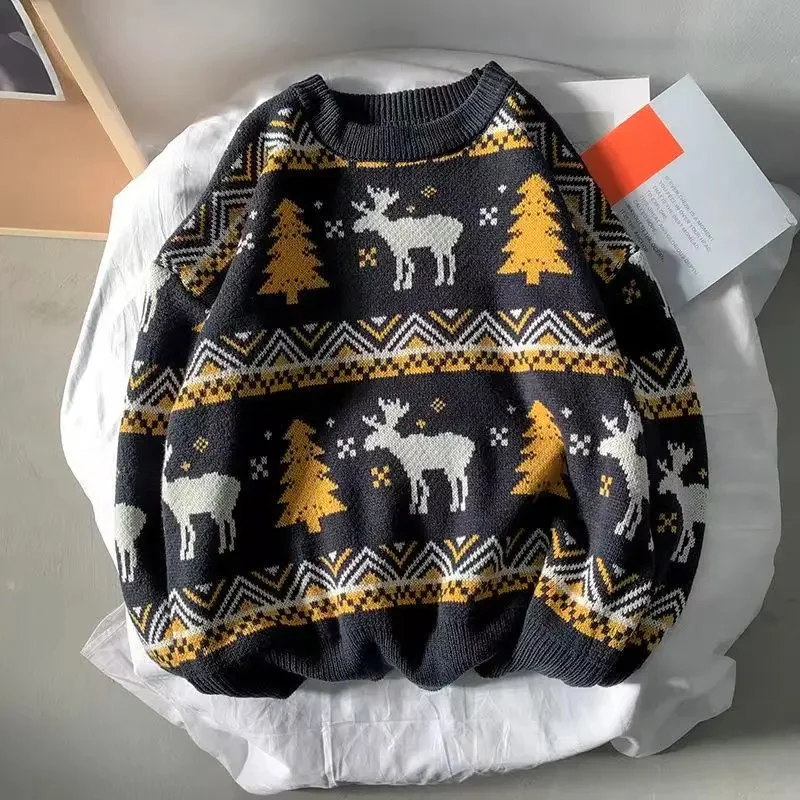 Autumn and Winter Couples Wear Christmas Sweaters Outside, Men's and Women's Round Neck Pullover, Knitted Top