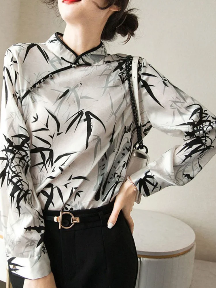 

Модная чернильная китайская рубашка Qipao с длинным рукавом, рубашка на пуговицах с принтом, Женская винтажная элегантная офисная рубашка, лето 2022