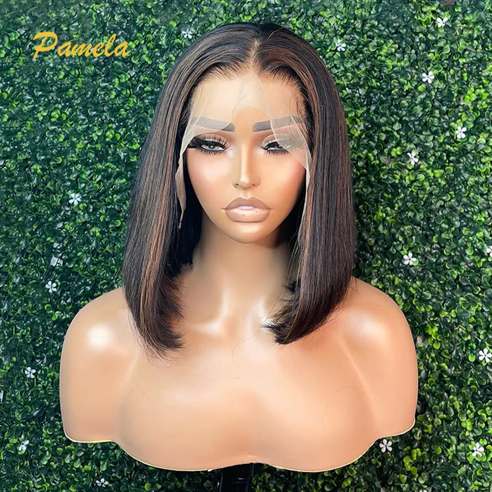 Bone Straight 250% Density 13x4 Short Bob Brown Transparent Lace Frontal Human Hair Glueless Wigs Preplucked Ready To Wear