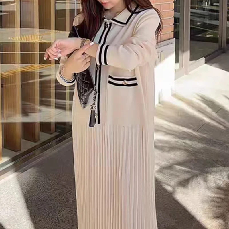 Luxury Casual Elegant Spring Lapel Striped Button Single Breasted Pocket Long Sleeved Vertical Patterned Long Dress Clothes New