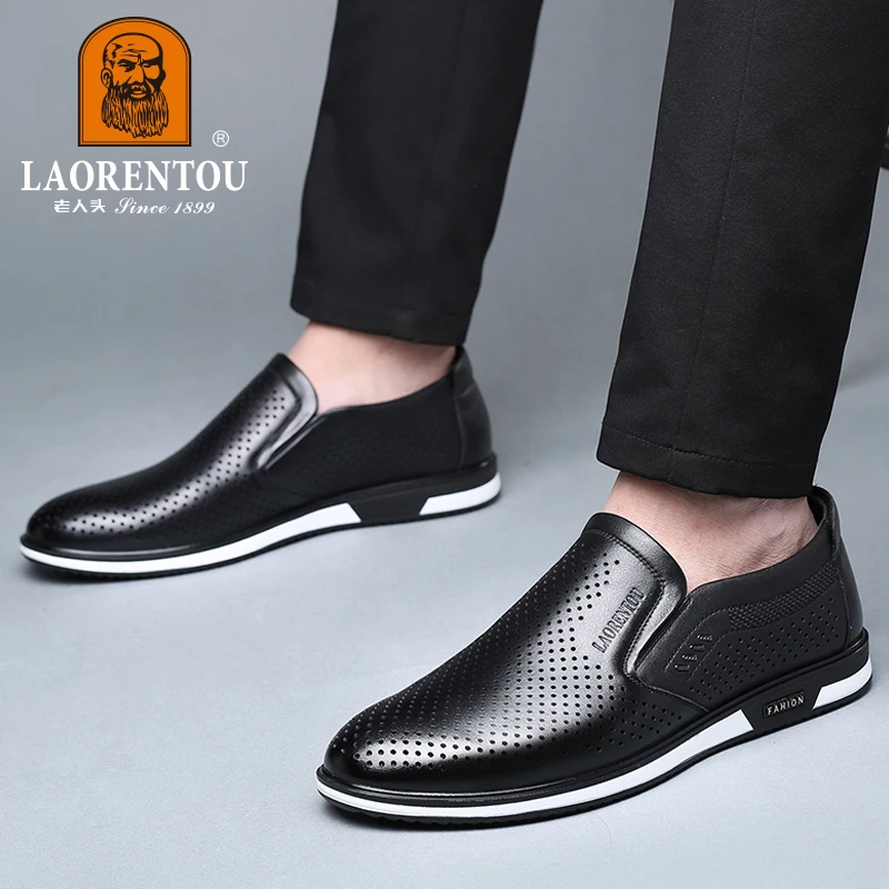 LAORENTOU summer 2024 New White Leather Shoes Hollow Breathable Genuine Leather Casual Men's Shoes Small White Shoes 95268 5
